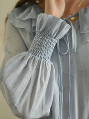 Kelsey Bamboo Leaf Printed Double-layer Ruffle Collar Tie-Up Lantern Sleeve Trim Blouse (with Lined Top) - Blue