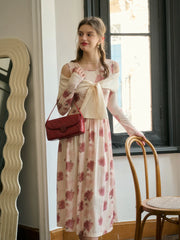 Clare Off-The-Shoulder Bow Print Contrast Color Dress