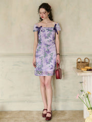 Jacqueline Floral Print Off-The-Shoulder Contrast Bow Slip Dress