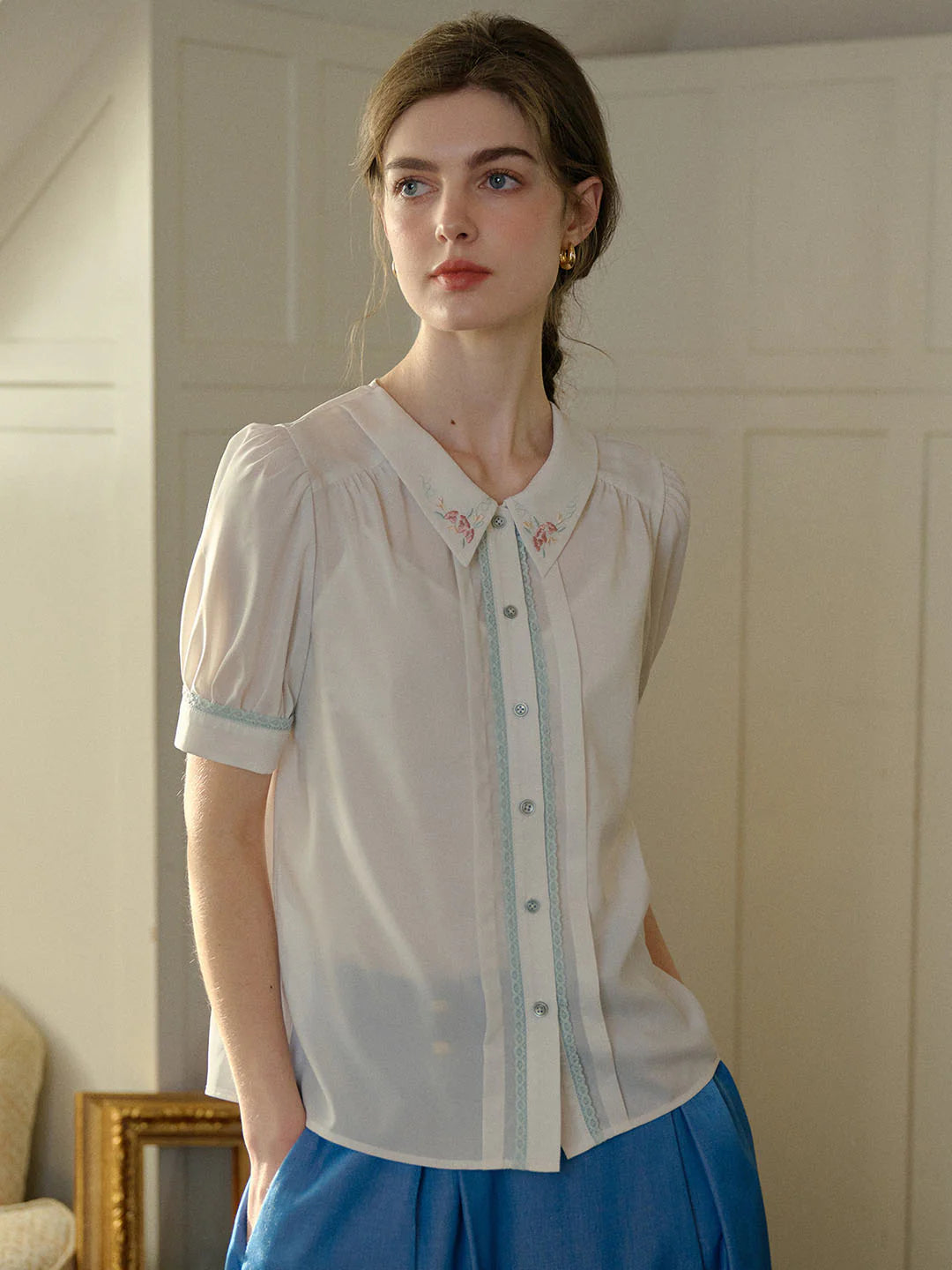 Maia Floral Embroidered Lapel Contrast Lace Puff Sleeve Chiffon Shirt