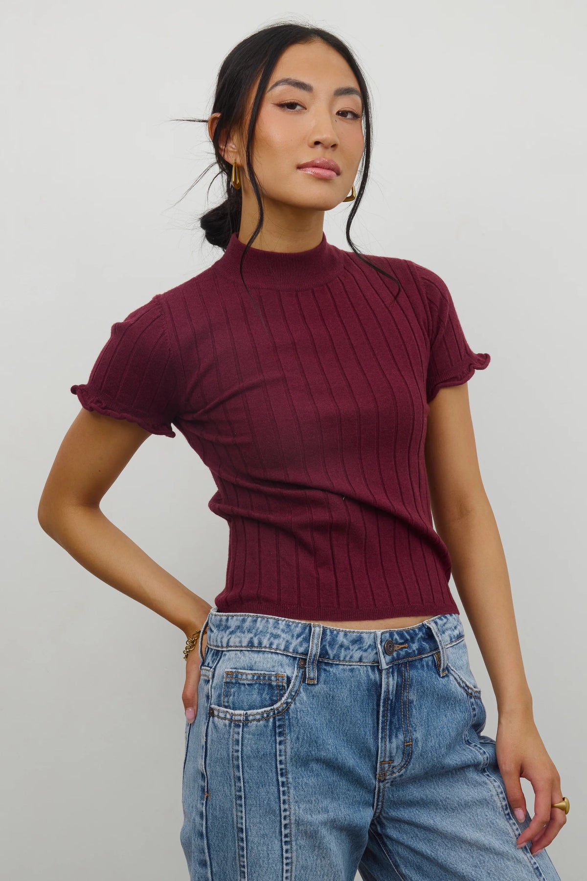 Amara Ribbed Top in Burgundy