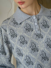 Tamsin Polo Collar Floral Knit Wool Top - Gray