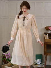 Keily Doll Collar Contrasting Lace-up Pleated Dress