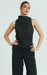 Harlene Top - Draped Tucked Neck Sleeveless Top in Black