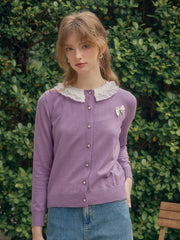 Ruby Lace Lapel Contrasting Bow Cardigan - Purple