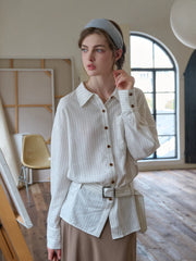 Mckenna Lapel Stripes Belt Linen Shirt