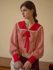 Liberty Navy Collar Contrasting Bow Heartcore Blouse