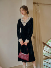 Kristen Elegant V-Neck Contrasting Lace Velvet Dress