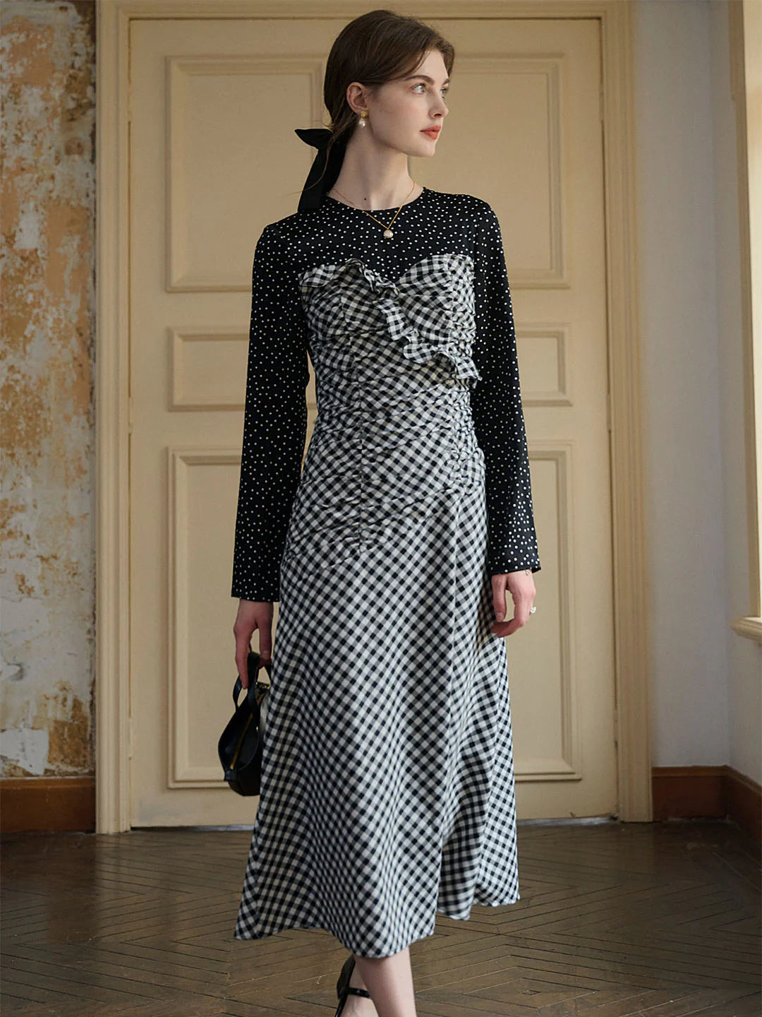 Amara Classic Round Neck Patchwork Plaid Dress