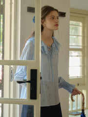 Kelsey Bamboo Leaf Printed Double-layer Ruffle Collar Tie-Up Lantern Sleeve Trim Blouse (with Lined Top) - Blue