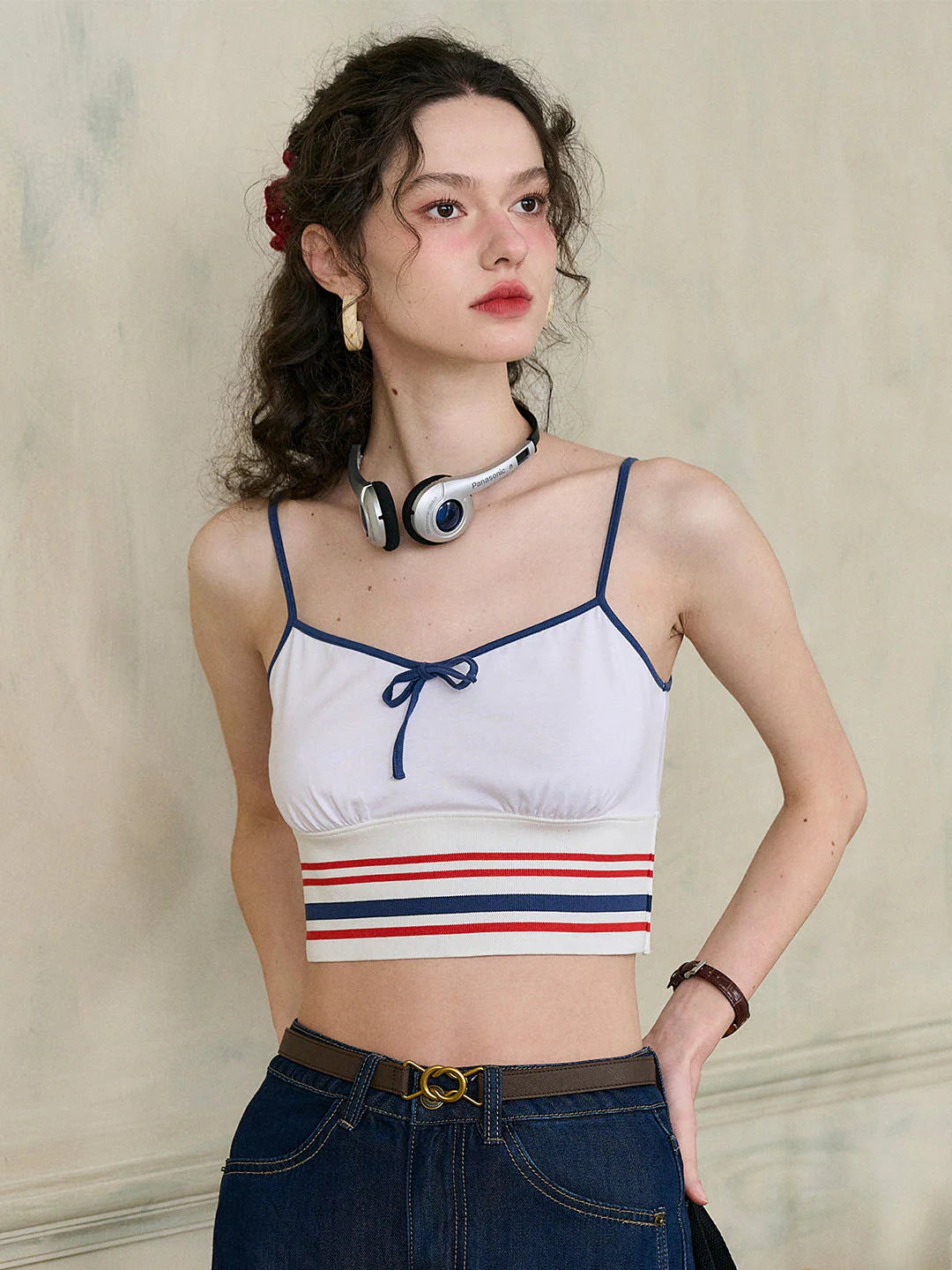 Simple Retro Jessica Small V-neck Contrast Bow Striped Cotton Camisole Top