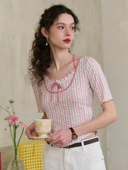 Nadia Round Neck Bow Contrast Rose Floral Print Striped Knit T-shirt