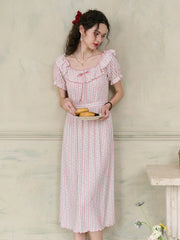 Judith Square Collar Trimmed Floral Bow Stripe Dress