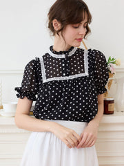 Natasha Polka Dot Print Mock Neck Puff Sleeve Chiffon Blouse
