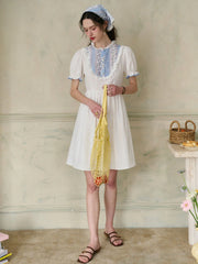 Katie Lace Round Neck Striped Floral Contrast Puff Sleeve Patchwork Cotton Dress