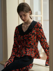 Kamiyah Elegant Notched Lapel Contrasting Floral Blouse