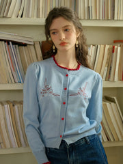 Soleil Standing Collar Embroidered Colour Clash Sweater Cardigan