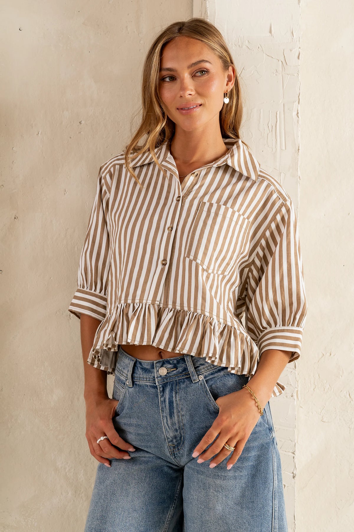 Avery Striped Blouse in Tan