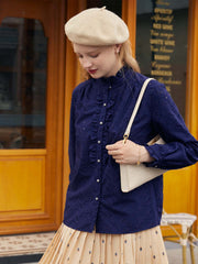 Victoria Ruffle Mandarin Navy Blue Shirt