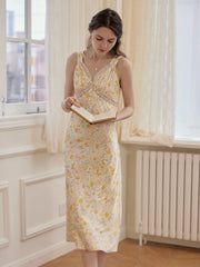 Annie Printed Lace Yellow Midi Nightgown