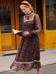 Isabel Floral Print Guipure Lace Insert Flounce Sleeve Ruffle Hem Dress