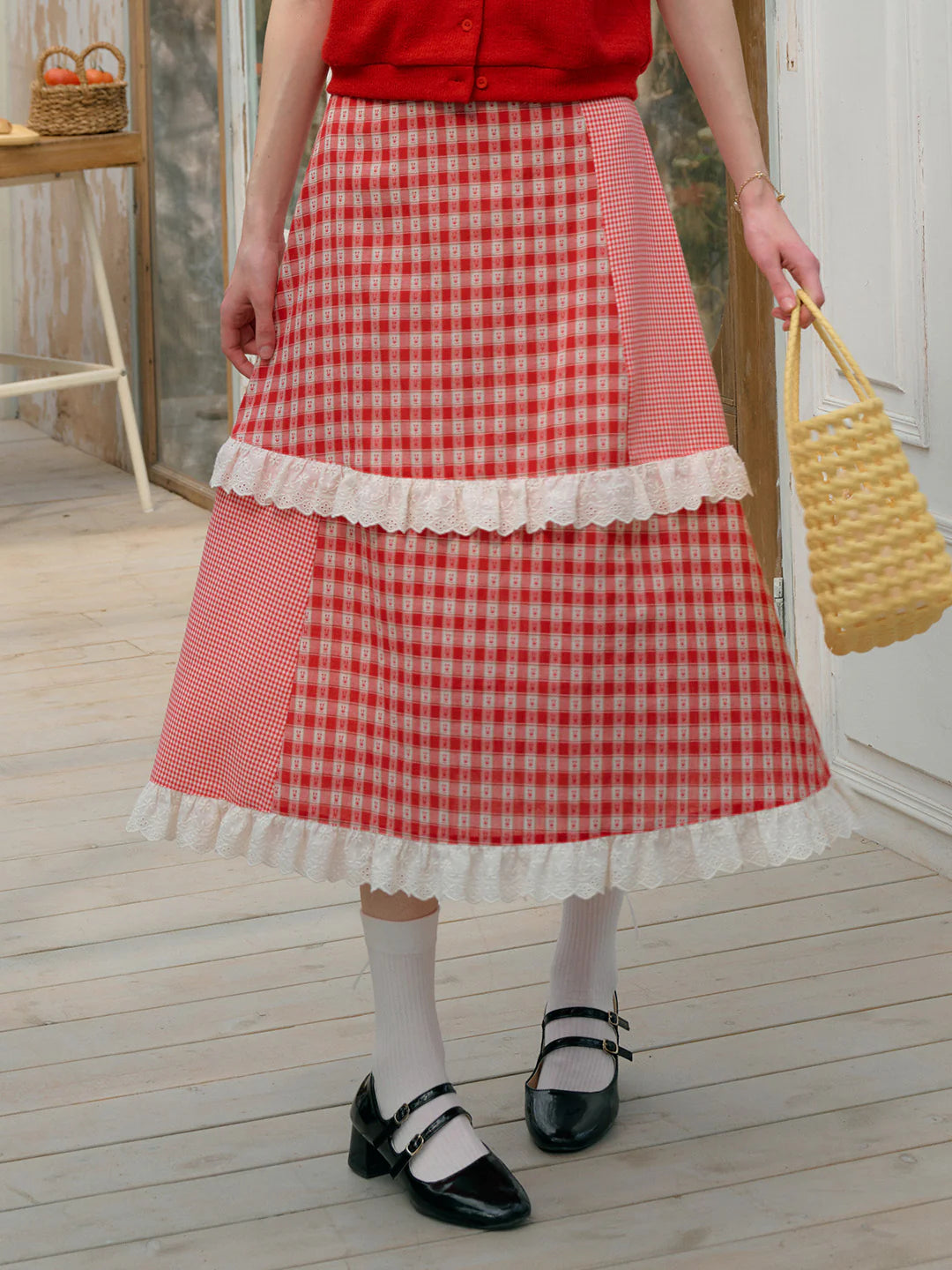Dalia Sweet Lace Contrasting Plaid Cake Skirt