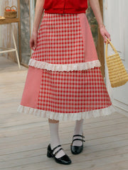 Dalia Sweet Lace Contrasting Plaid Cake Skirt