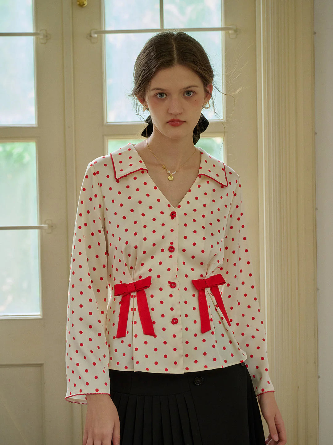 Emiliana V-Neck Polka Dots Bow Contrasting Blouse
