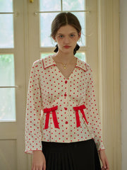 Emiliana V-Neck Polka Dots Bow Contrasting Blouse