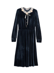 Mikaela Lace Collar Contrasting Velvet Dress - Blue