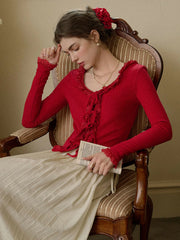 Phoebe U-neck Bow Lace Patchwork Knitted Cardigan