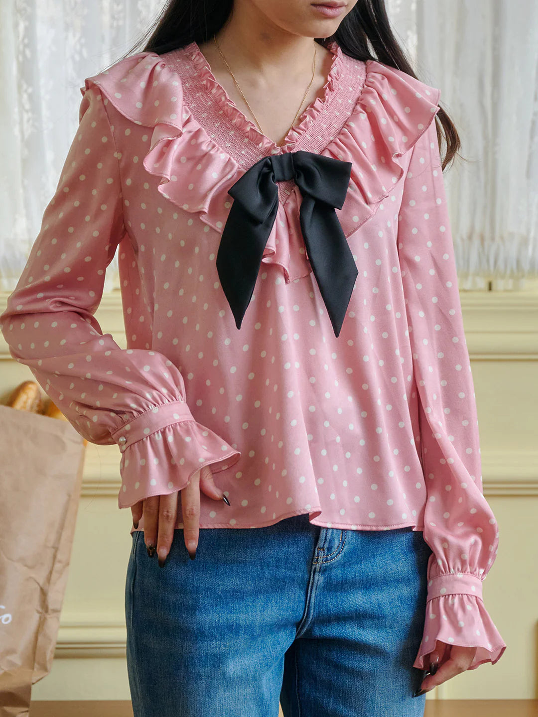 Nadia V-Neck Dot Bow Blouse