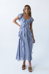 Quinton Ruffle Maxi Dress in Blue