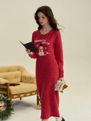 Natalie Round Neck Snowman Wool Dress