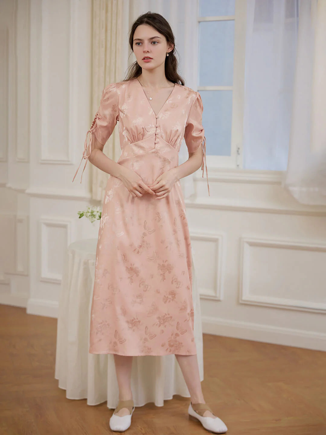 Kora Retro Floral Jacquard Pink Tea Length Dress