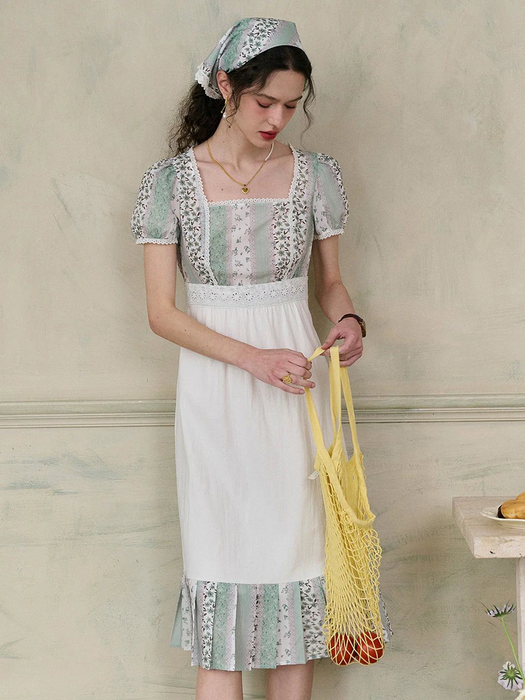 Bria Square Collar Contrasting Trimmed Floral Pleated Dress