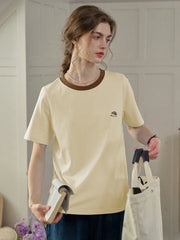 Reya Simple Round Neck Contrasting Embroidery Cotton Top - Yellow