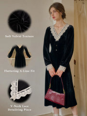 Kristen Elegant V-Neck Contrasting Lace Velvet Dress