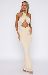 Set For Life Halter Maxi Dress Champagne