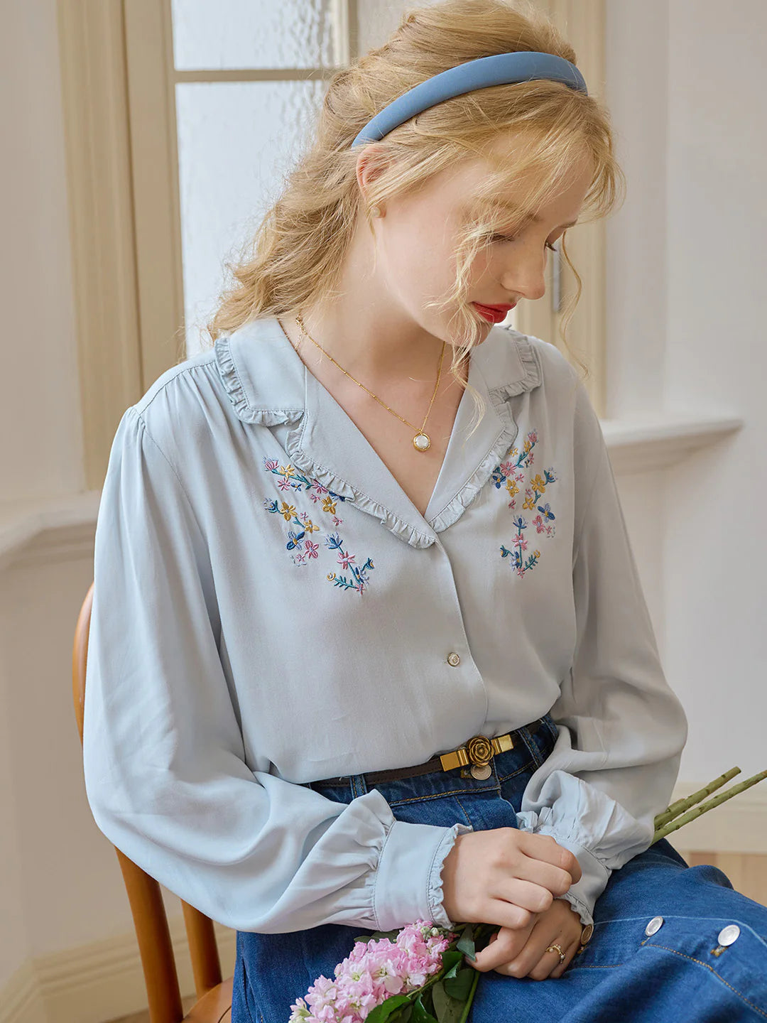 Convallaria Floral Embroidered Light Blue Puff Top