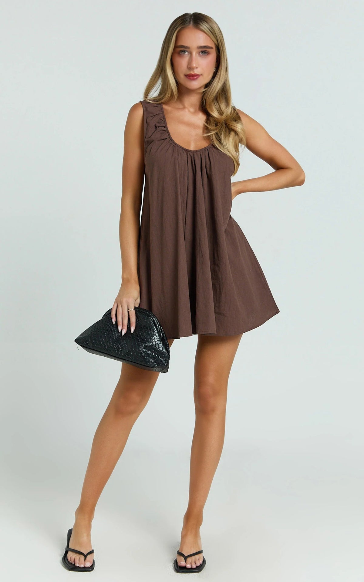 Chocolate Deep U Gathered Neck Smock Mini Dress