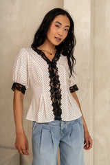 Angie Lace Trim Blouse in Cream