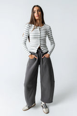 Mia Button Up Top in Striped Grey