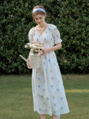 Jane Gypsophila Embroidered Floral V-neck Puff Sleeve Cotton Dress