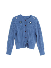 Vesper Wavy Neck Ribbed Wool Cardigan - Blue