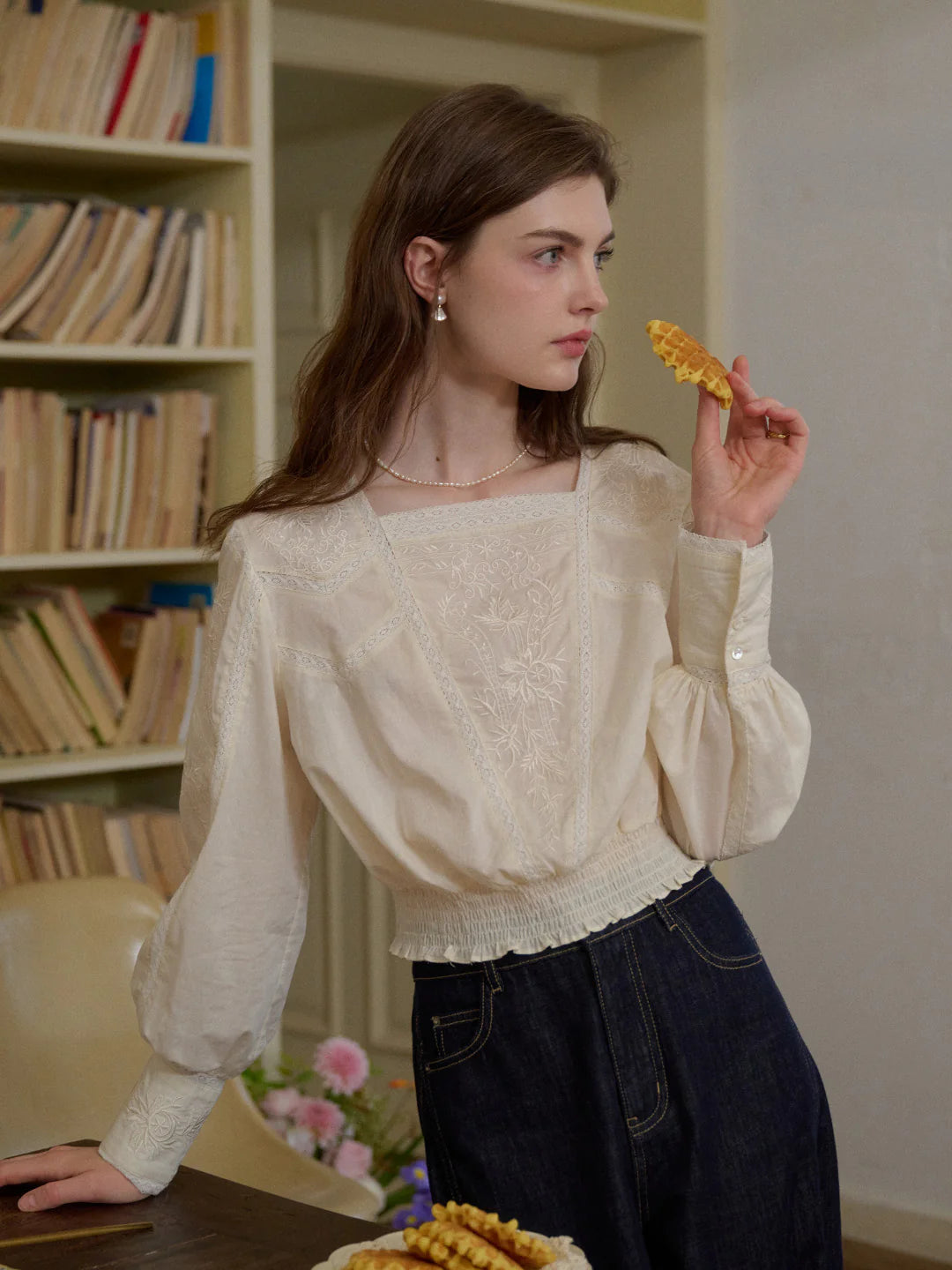 Oakley Square Neck Embroidery 100% Cotton Blouse