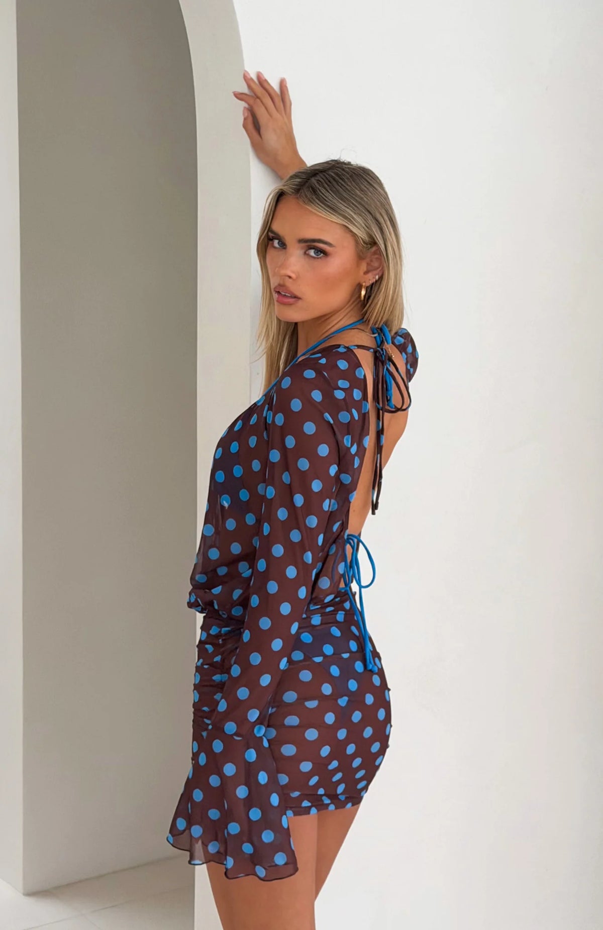 Half Moon Long Sleeve Mini Dress Choc & Blue Polka Dot