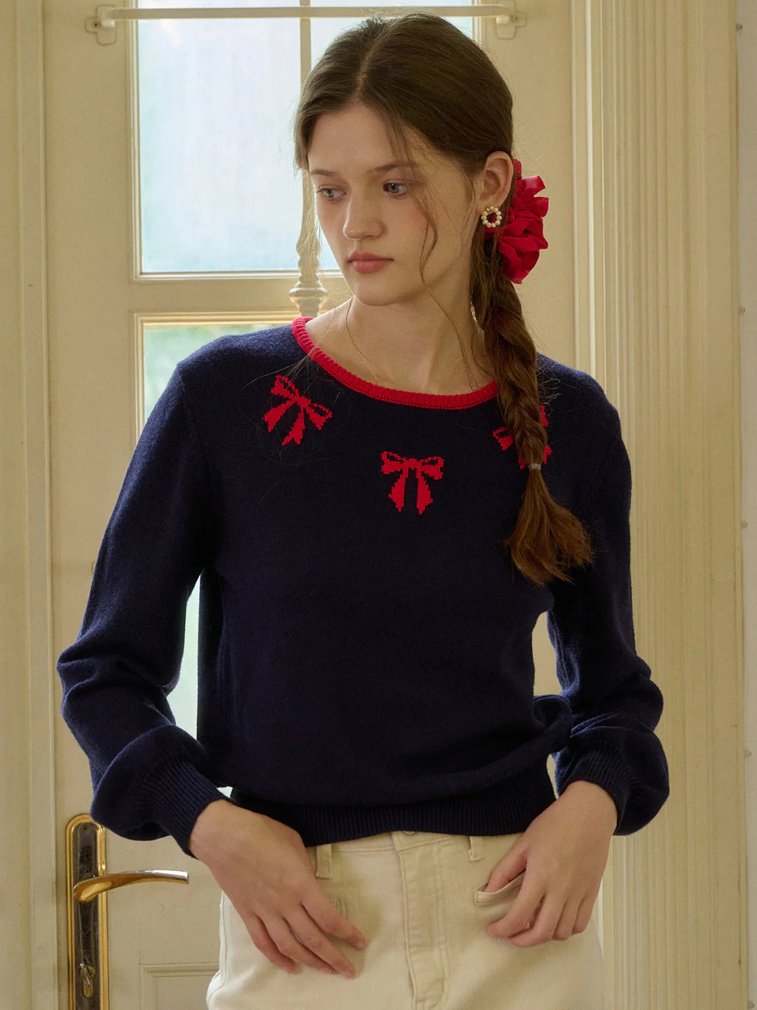 Hilary Round Neck Bowknot Pullover Sweater