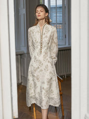 Lyric Printed Stand Collar Midi Dress