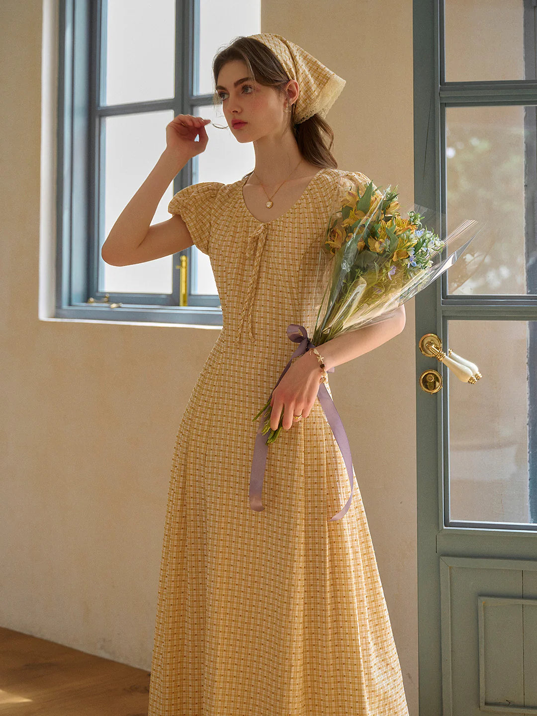 Willow Round Neck Plaid Puff Sleeve Viscose Dress - Yellow